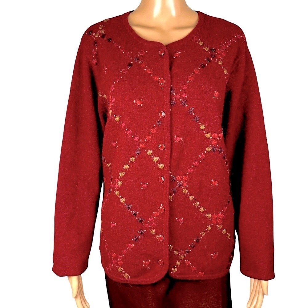 Vintage Cricket Lane Wool Blend Embroidered Felted Dark Red Cardigan Size M